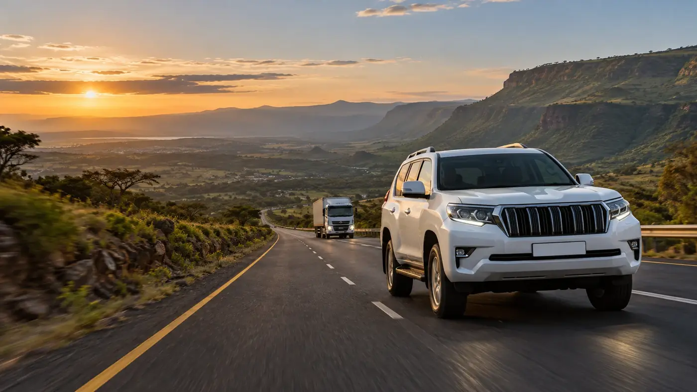 White SUV travelling on a Kenyan Rift Valley highway