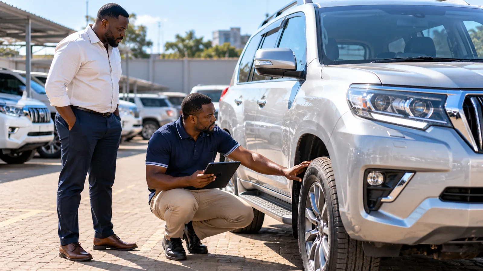 A motor assessor inspecting an SUV with a tablet