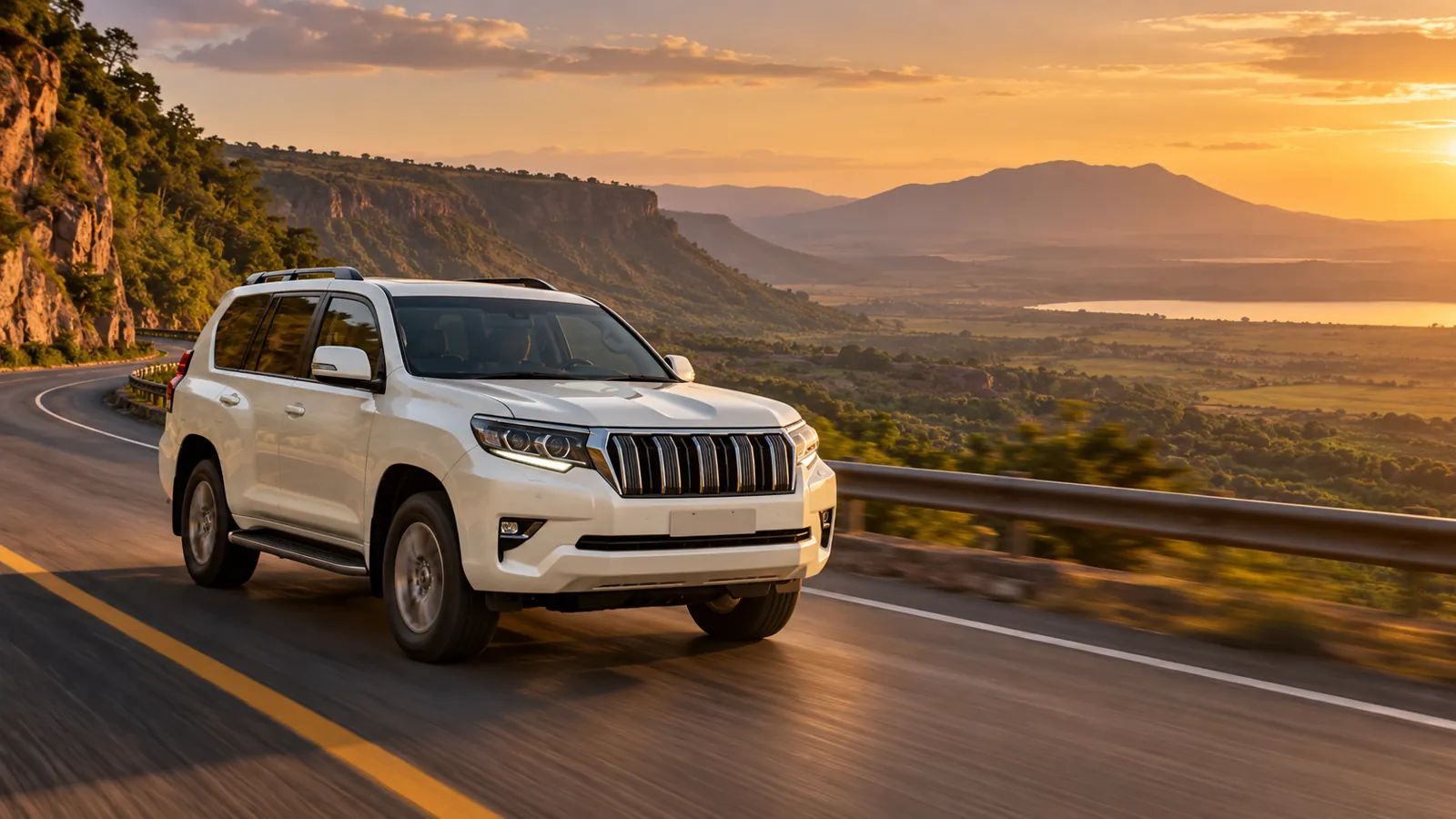 A tracked white SUV on the Rift Valley escarpment road at sunset