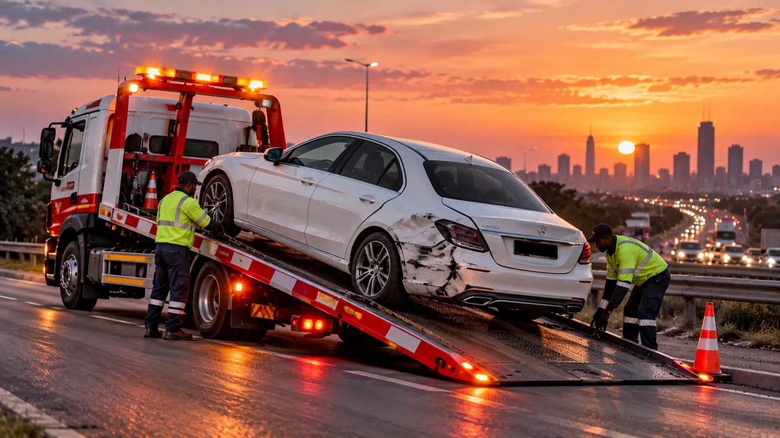 A recovery crew loading a car onto a tow truck at dusk